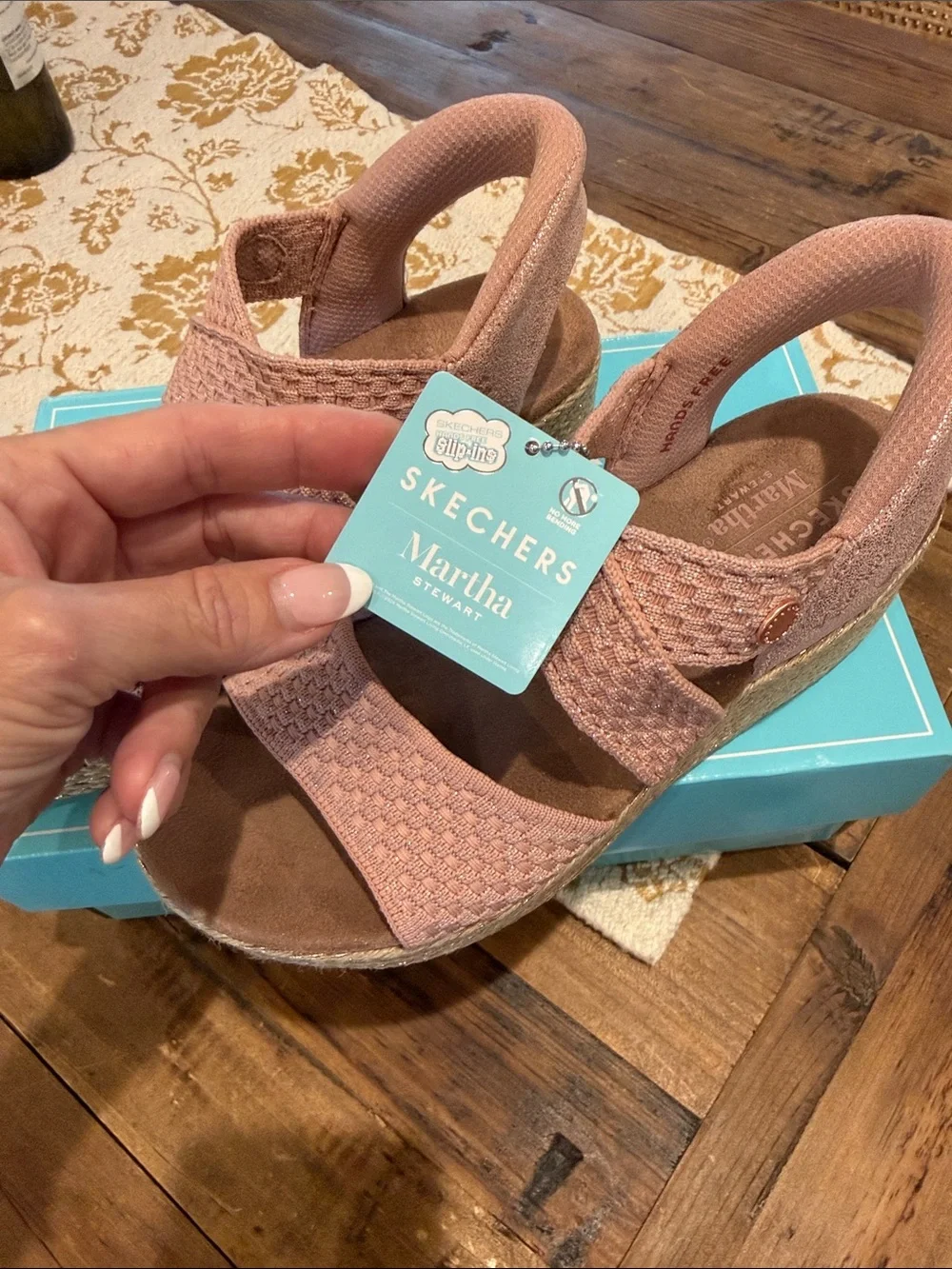 Skechers “Martha” Pink Woven Elastic Espadrille Wedge Sandals
